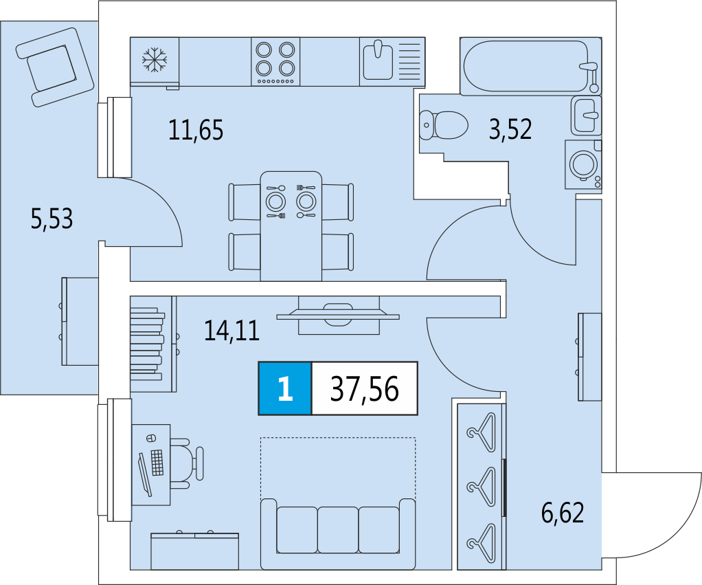 1-комнатная, 37.56 м² — ЖК ЖК 4You (Фо Ю)