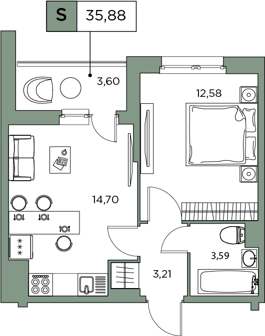 1-комнатная, 35.88 м² — ЖК ЖК Аквилон Sky (Аквилон Скай)