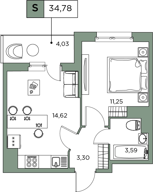 1-комнатная, 34.78 м² — ЖК ЖК Аквилон Sky (Аквилон Скай)