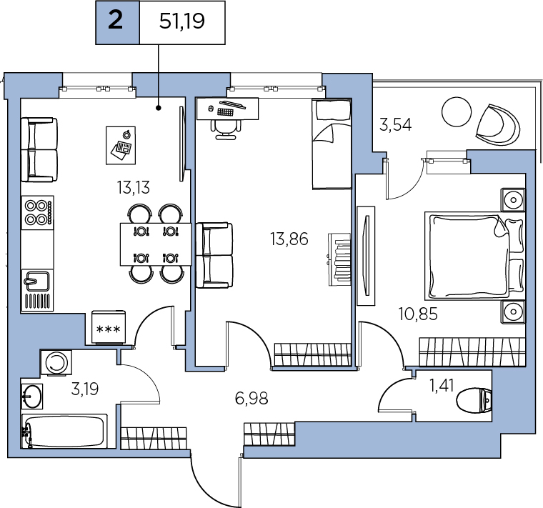 2-комнатная, 51.19 м² — ЖК ЖК Аквилон Sky (Аквилон Скай)