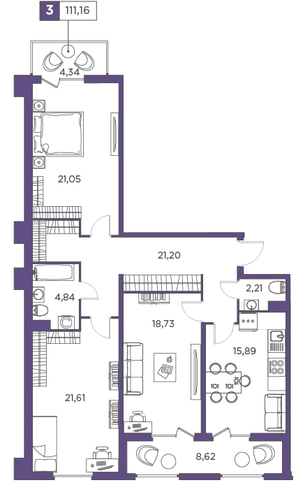 3-комнатная, 111.16 м² — ЖК ЖК Promenade (Променад)