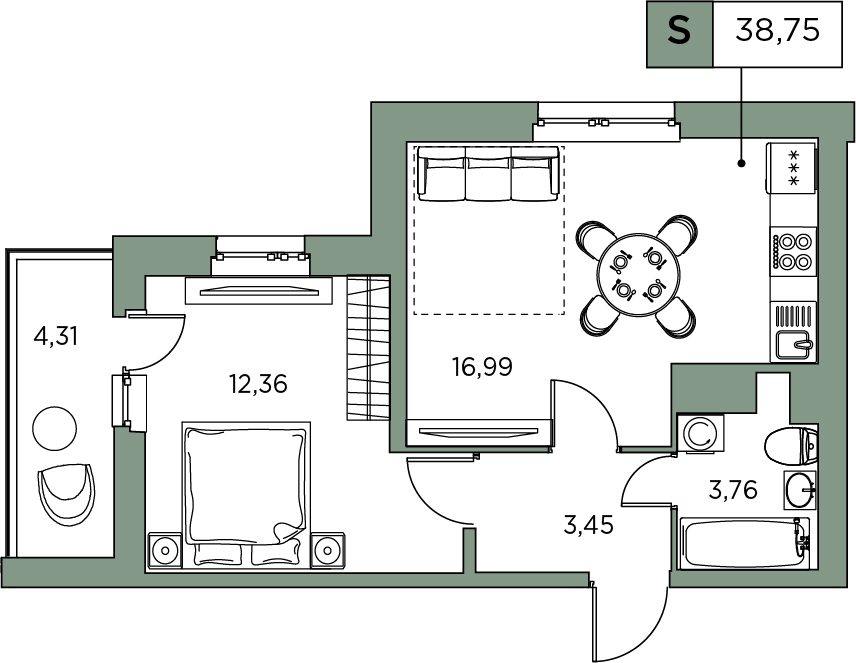 1-комнатная, 38.75 м² — ЖК ЖК Аквилон Sky (Аквилон Скай)