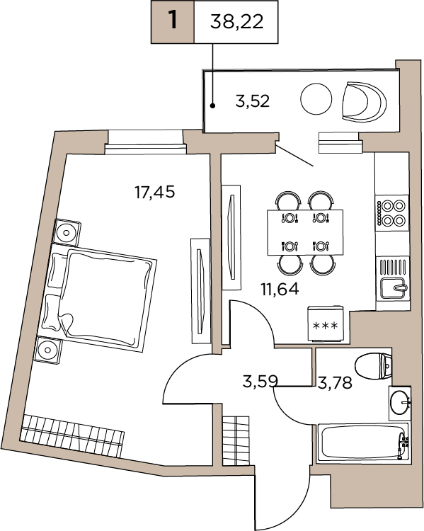 1-комнатная, 38.22 м² — ЖК ЖК Аквилон Sky (Аквилон Скай)