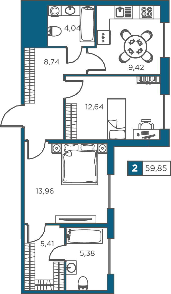 2-комнатная, 59.85 м² — ЖК ЖК Promenade (Променад)