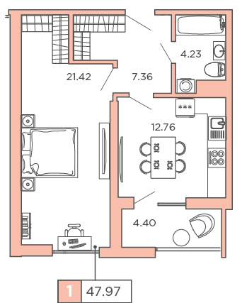 1-комнатная, 47.97 м² — ЖК ЖК Promenade (Променад)