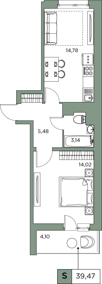 1-комнатная, 39.47 м² — ЖК ЖК Аквилон Sky (Аквилон Скай)