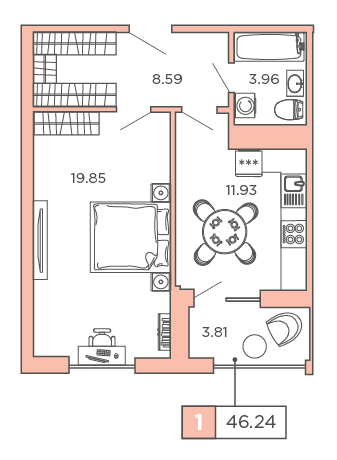 1-комнатная, 46.24 м² — ЖК ЖК Promenade (Променад)