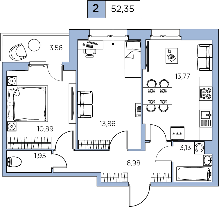 2-комнатная, 52.35 м² — ЖК ЖК Аквилон Sky (Аквилон Скай)