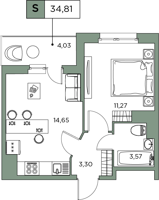 1-комнатная, 34.81 м² — ЖК ЖК Аквилон Sky (Аквилон Скай)