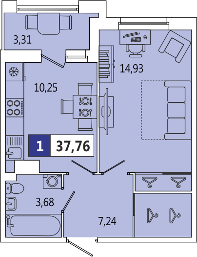 1-комнатная, 37.76 м² — ЖК ЖК ArtКвартал.Аквилон (АртКвартал.Аквилон)