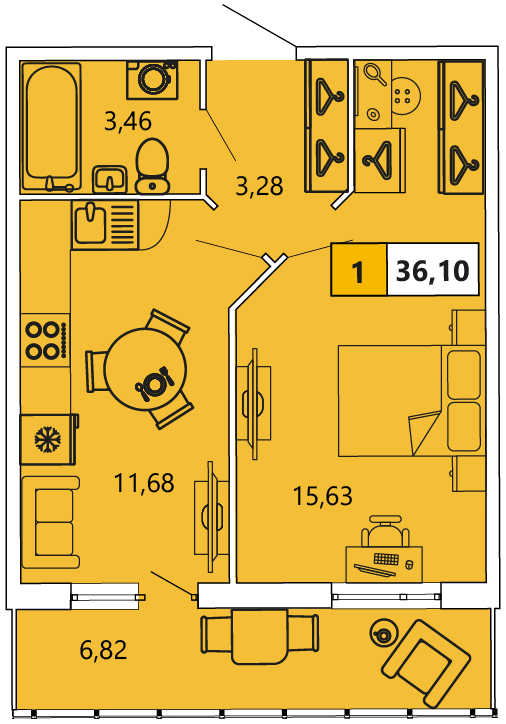 1-комнатная, 36.09 м² — ЖК ЖК «Ол Инклюзив (All Inclusive)»