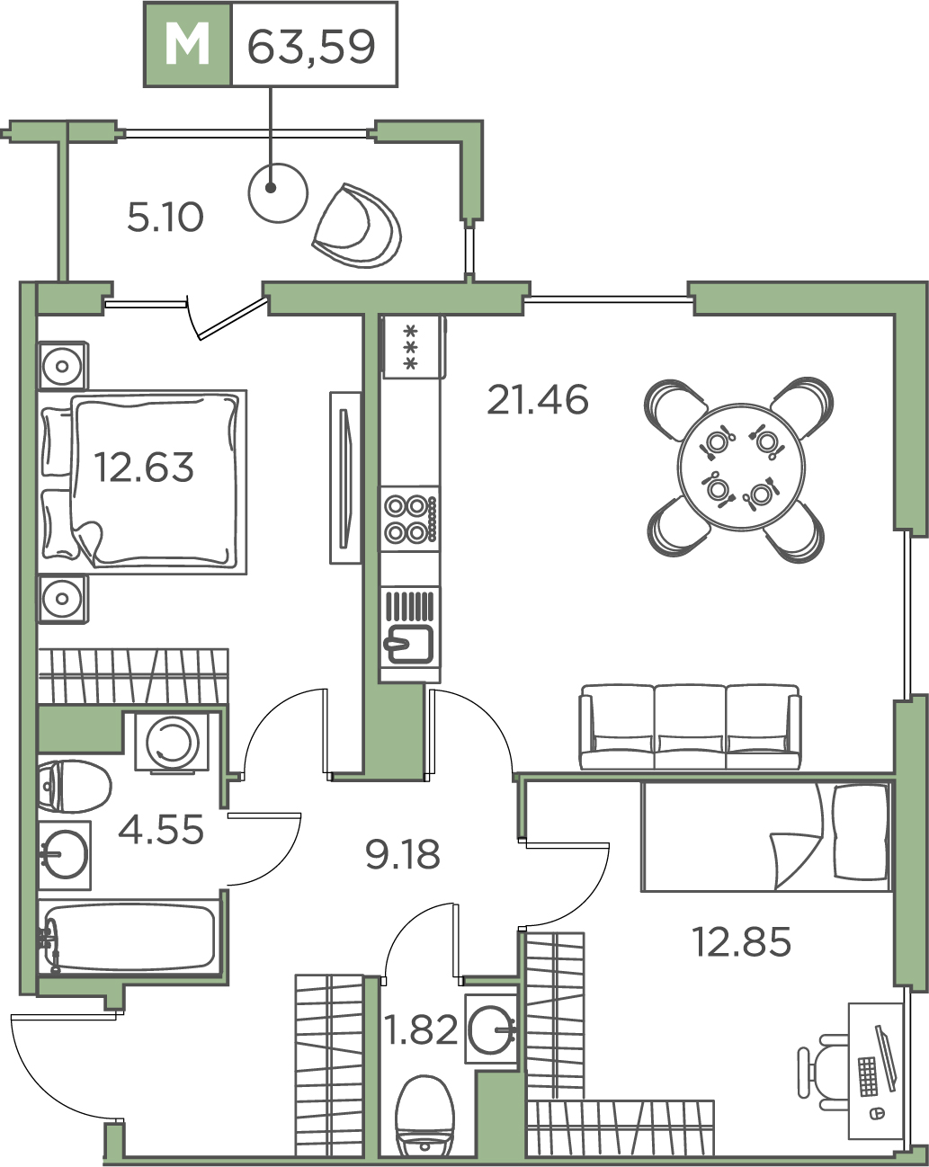 2-комнатная, 63.59 м² — ЖК ЖК Promenade (Променад)