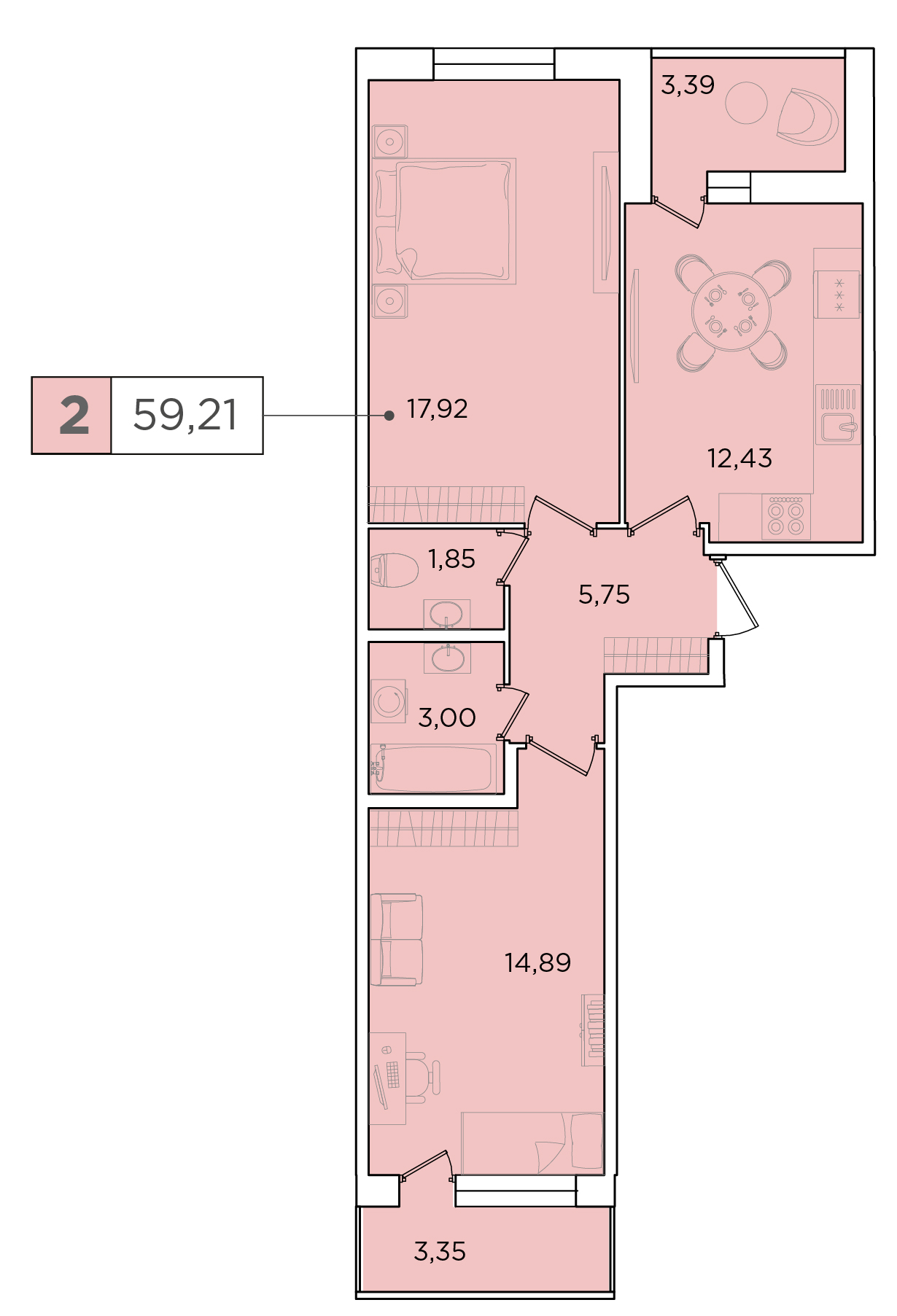 2-комнатная, 59.21 м² — ЖК ЖК Forest Аквилон (Форест Аквилон)