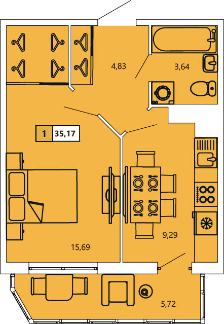 1-комнатная, 35.23 м² — ЖК ЖК «Ол Инклюзив (All Inclusive)»