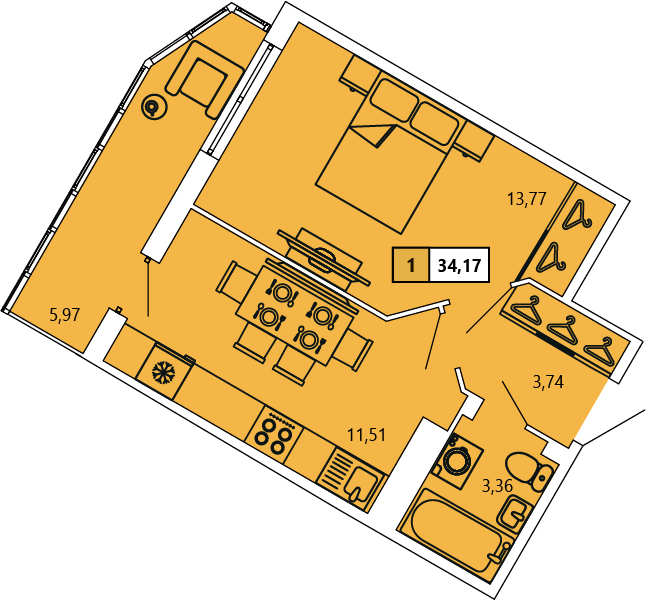 1-комнатная, 34.3 м² — ЖК ЖК «Ол Инклюзив (All Inclusive)»