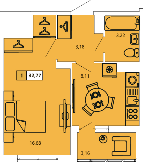 1-комнатная, 32.97 м² — ЖК ЖК «Ол Инклюзив (All Inclusive)»