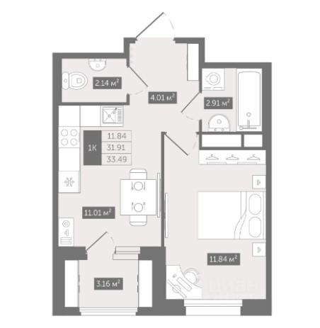 1-комнатная, 33.49 м² — ЖК ЖК Квартал Воронцовский