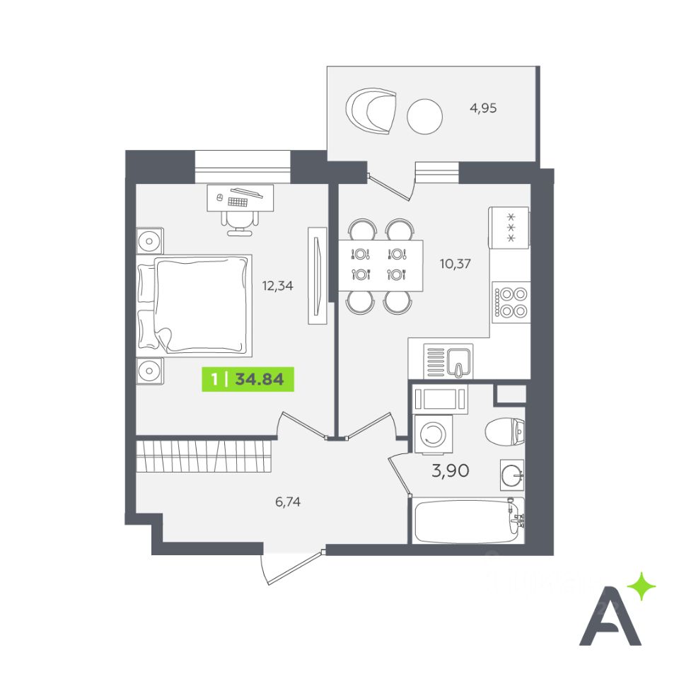 1-комнатная, 34.84 м² — ЖК ЖК «Аквилон Сториз (Аквилон Stories)»