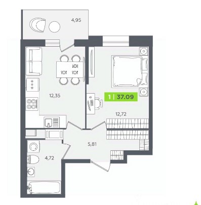 1-комнатная, 39.34 м² — ЖК ЖК «Аквилон Сториз (Аквилон Stories)»