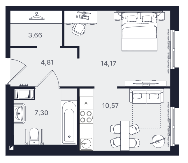 1-комнатная, 40.51 м² — ЖК ЖК «Про.Молодость (Апартаменты Про.Молодость)»