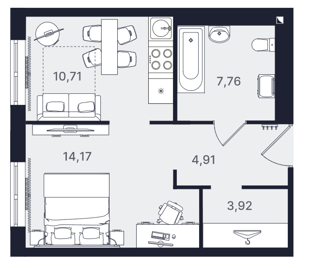 1-комнатная, 41.47 м² — ЖК ЖК «Про.Молодость (Апартаменты Про.Молодость)»