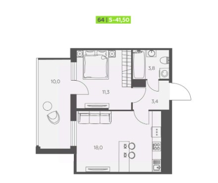 1-комнатная, 41.5 м² — ЖК ЖК «Аквилон Сториз (Аквилон Stories)»