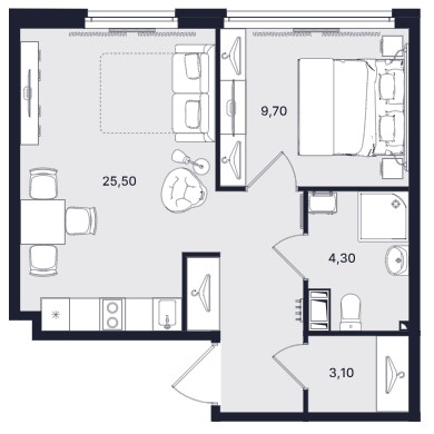 2-комнатная, 42 м² — ЖК ЖК «Апартаменты Интуит (IN2IT)»