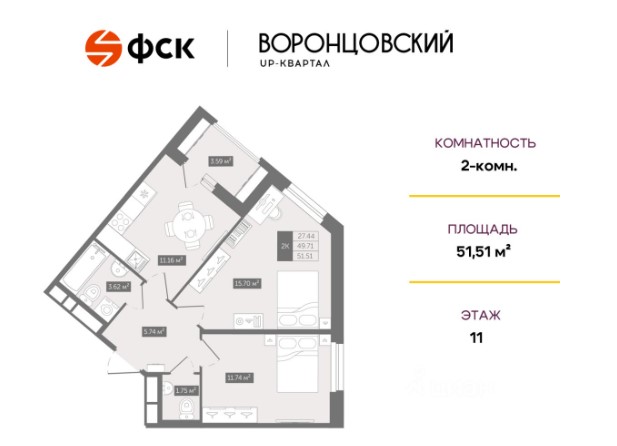 2-комнатная, 51.51 м² — ЖК ЖК Квартал Воронцовский
