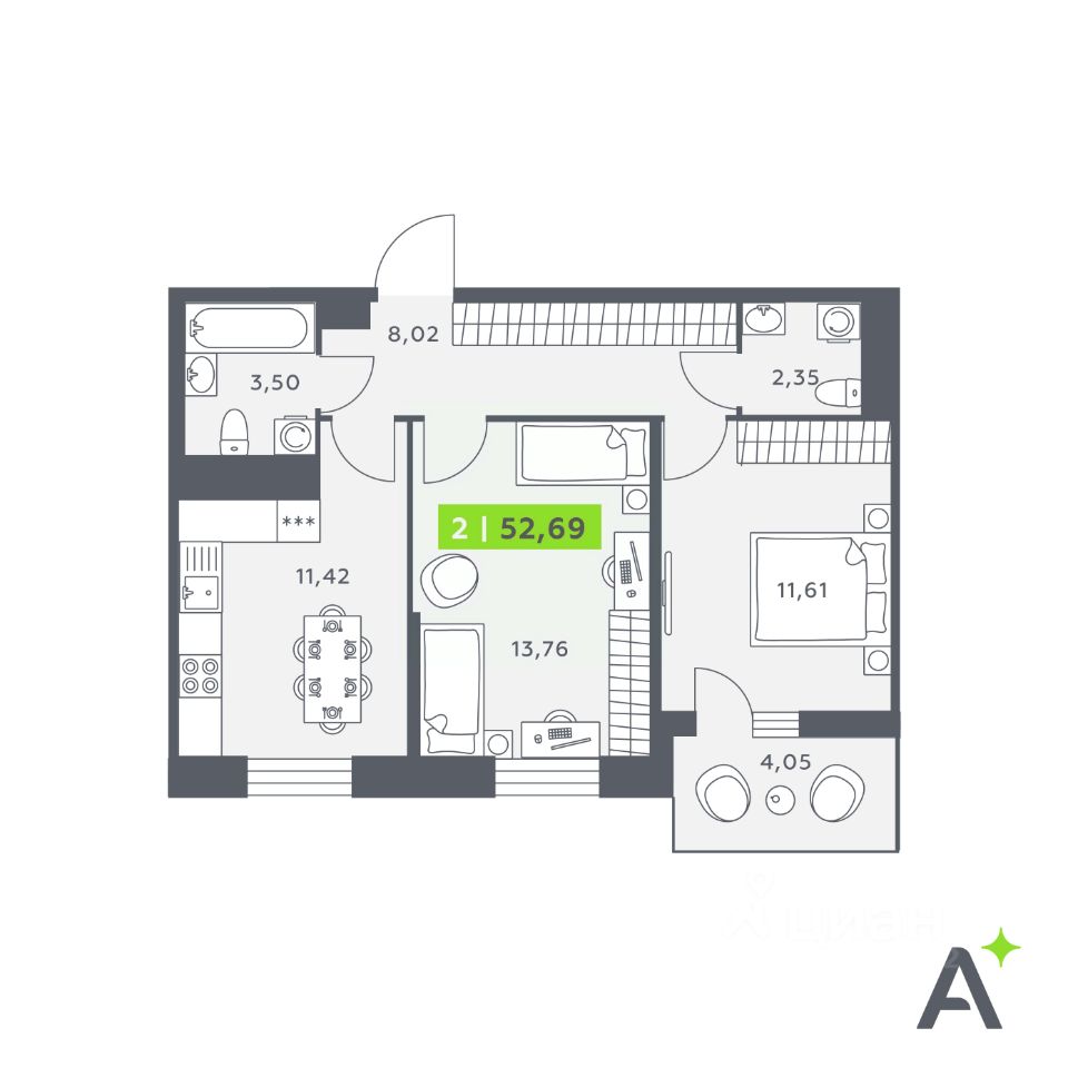 2-комнатная, 52.69 м² — ЖК ЖК «Аквилон Сториз (Аквилон Stories)»