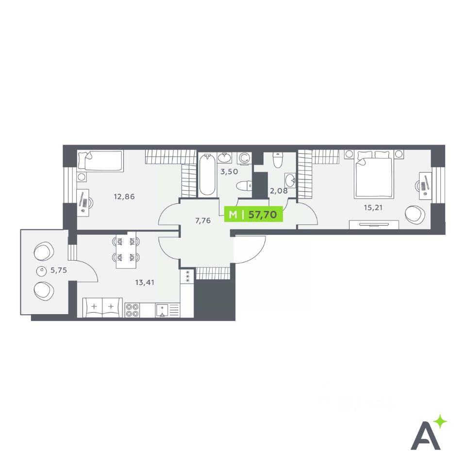 2-комнатная, 55.7 м² — ЖК ЖК «Аквилон Сториз (Аквилон Stories)»