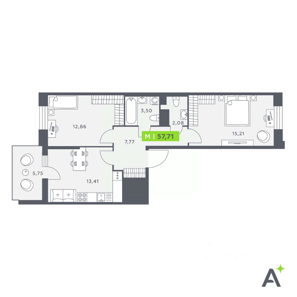 2-комнатная, 57.71 м² — ЖК ЖК «Аквилон Сториз (Аквилон Stories)»