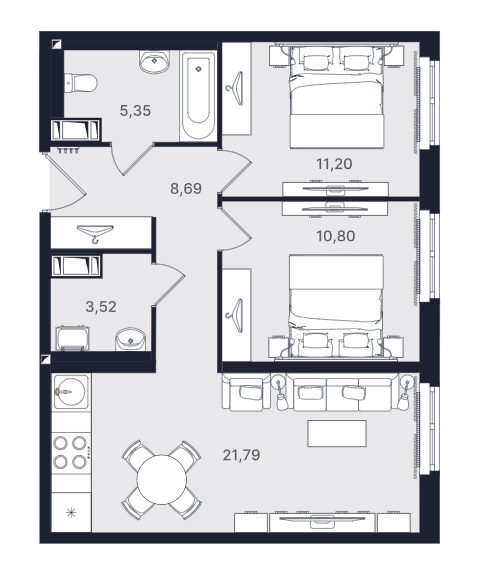 3-комнатная, 61.35 м² — ЖК ЖК «Про.Молодость (Апартаменты Про.Молодость)»