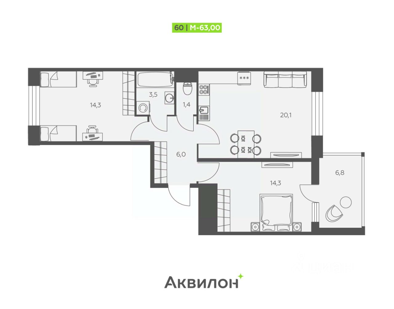 2-комнатная, 63 м² — ЖК ЖК «Аквилон Сториз (Аквилон Stories)»