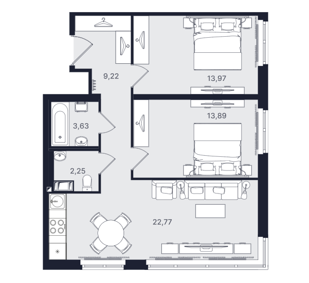 3-комнатная, 65.73 м² — ЖК ЖК «Про.Молодость (Апартаменты Про.Молодость)»