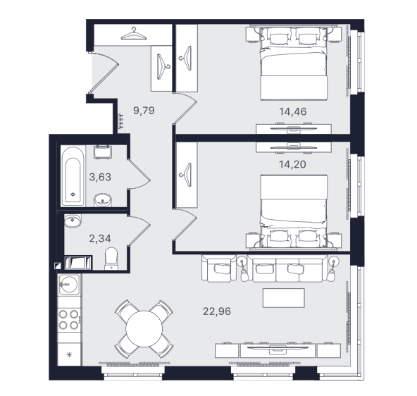 3-комнатная, 67.38 м² — ЖК ЖК «Про.Молодость (Апартаменты Про.Молодость)»