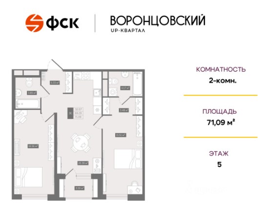 2-комнатная, 71.09 м² — ЖК ЖК Квартал Воронцовский
