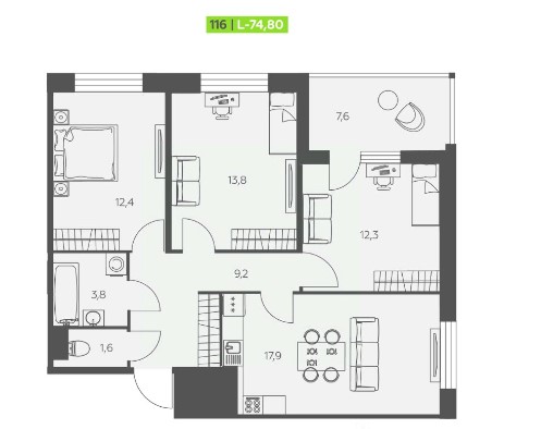 3-комнатная, 74.8 м² — ЖК ЖК «Аквилон Сториз (Аквилон Stories)»