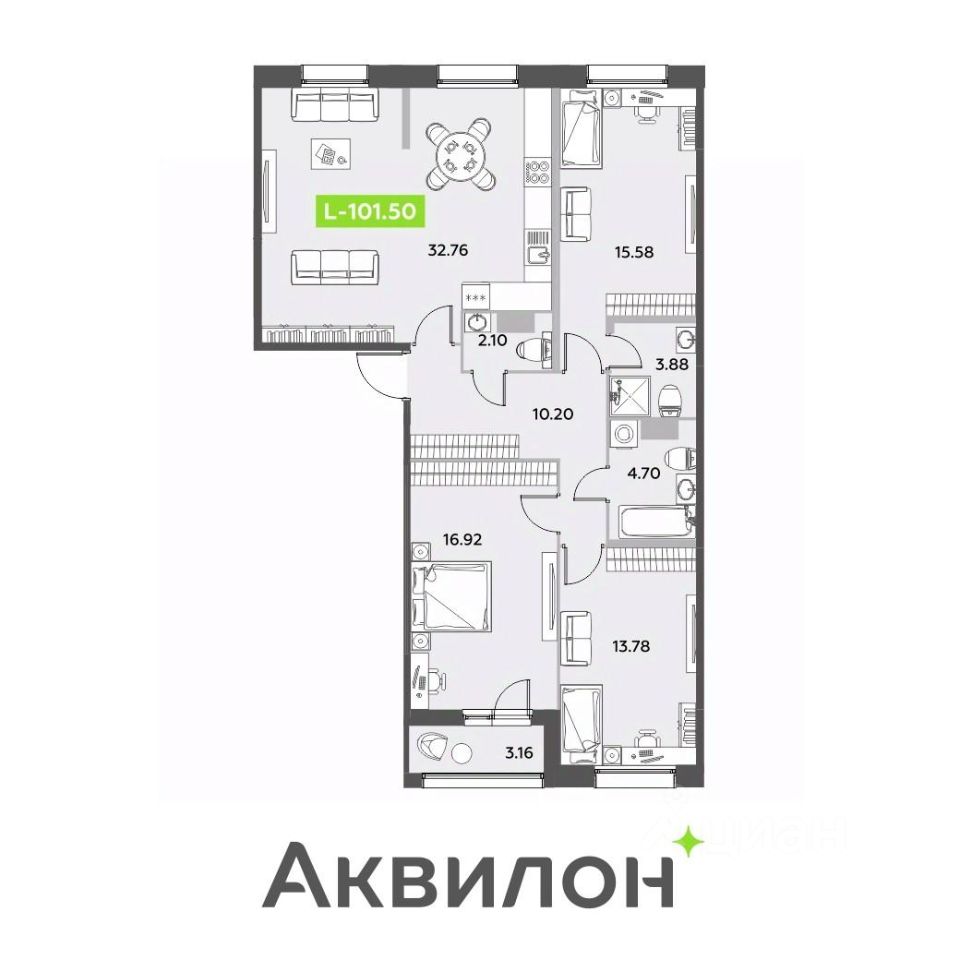 3-комнатная, 101.5 м² — ЖК ЖК «Аквилон Ливз (Аквилон Leaves)»