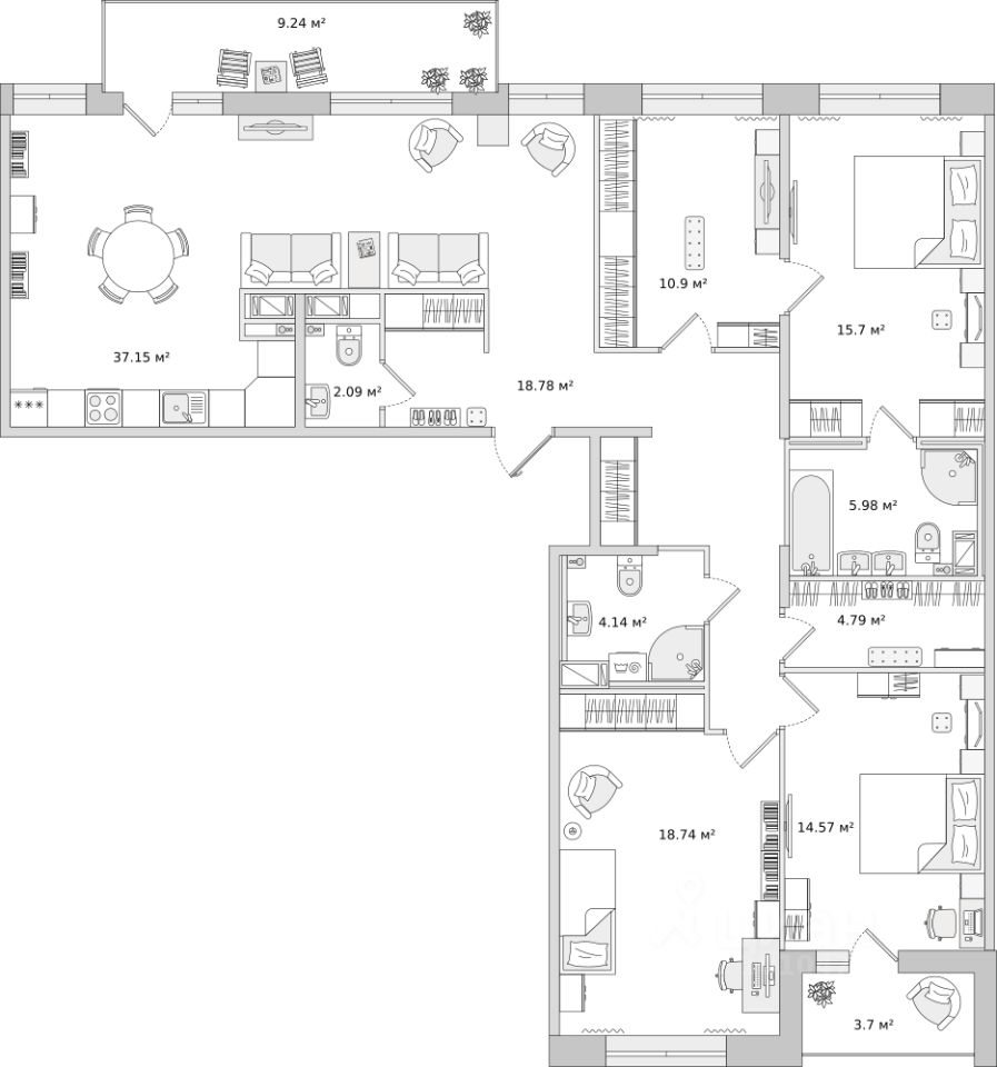 3-комнатная, 132.2 м² — ЖК ЖК Чёрная Речка