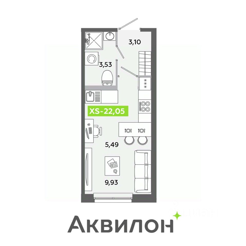 Студия, 22.05 м² — ЖК ЖК «Аквилон ЯНИНО»
