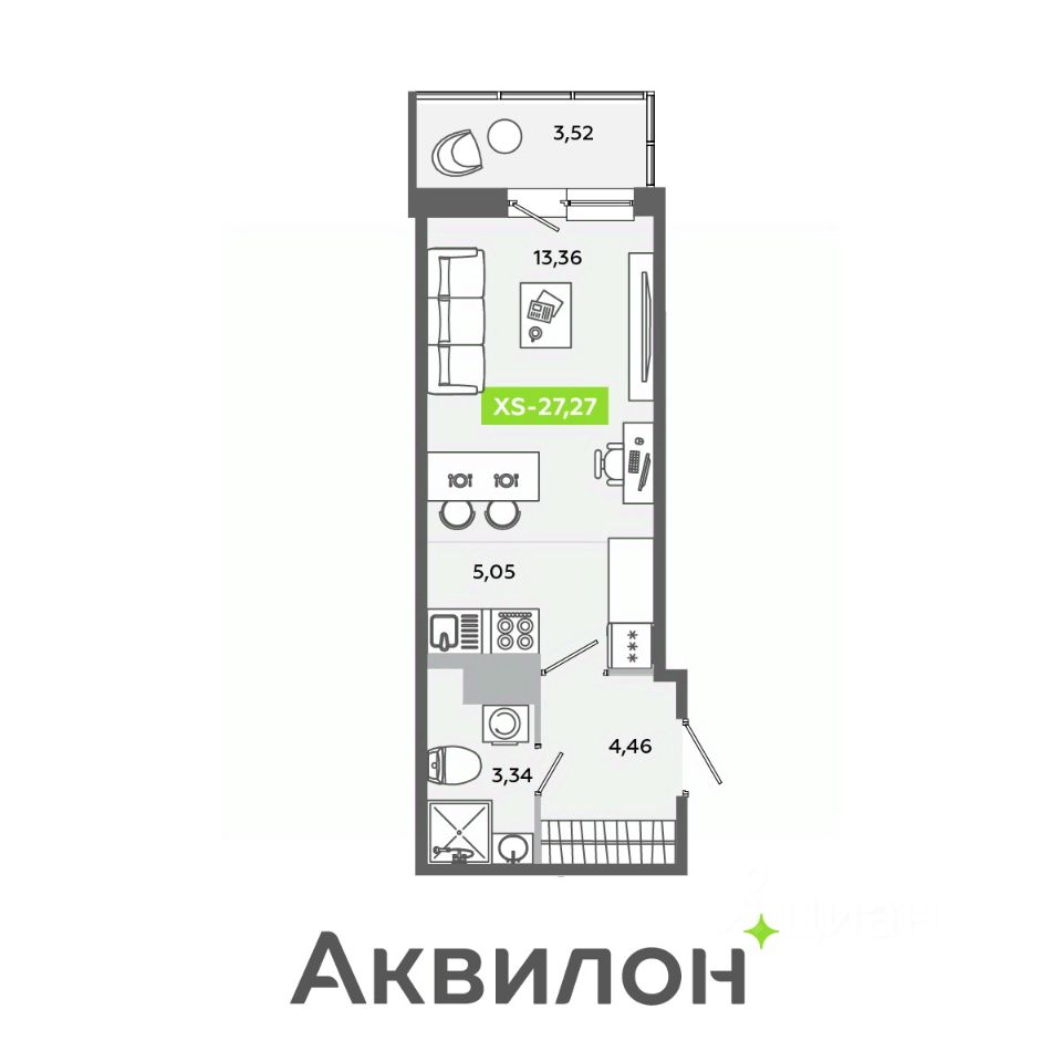 Студия, 27.27 м² — ЖК ЖК «Аквилон ЯНИНО»