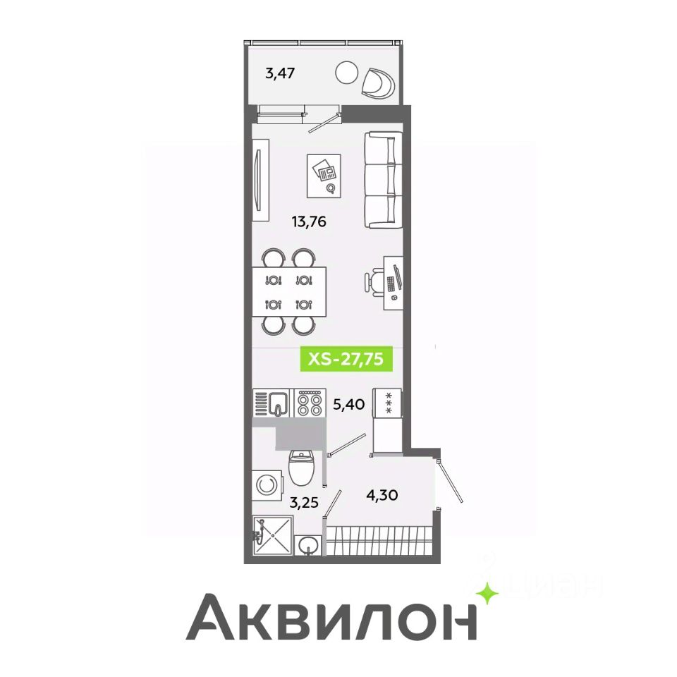 Студия, 27.75 м² — ЖК ЖК «Аквилон ЯНИНО»