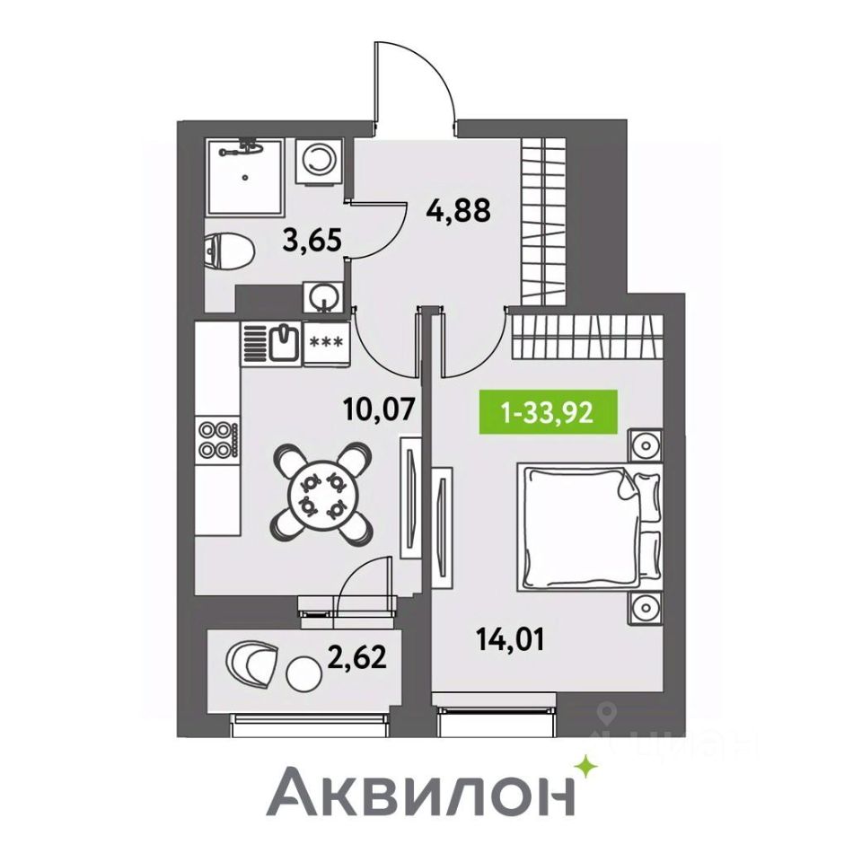 1-комнатная, 33.92 м² — ЖК ЖК «Аквилон Ливз (Аквилон Leaves)»