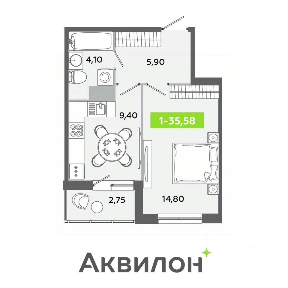1-комнатная, 35.58 м² — ЖК ЖК «Аквилон ЯНИНО»