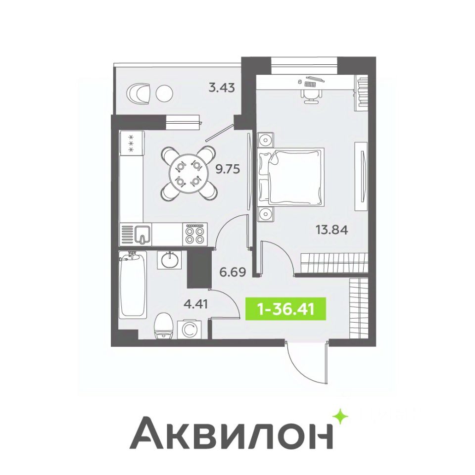 1-комнатная, 36.41 м² — ЖК ЖК «Аквилон ЗАЛИВ (Аквилон ZALIVE)»