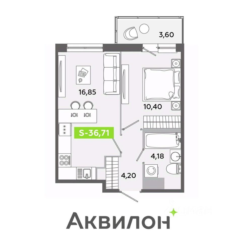 1-комнатная, 36.71 м² — ЖК ЖК «Аквилон ЯНИНО»