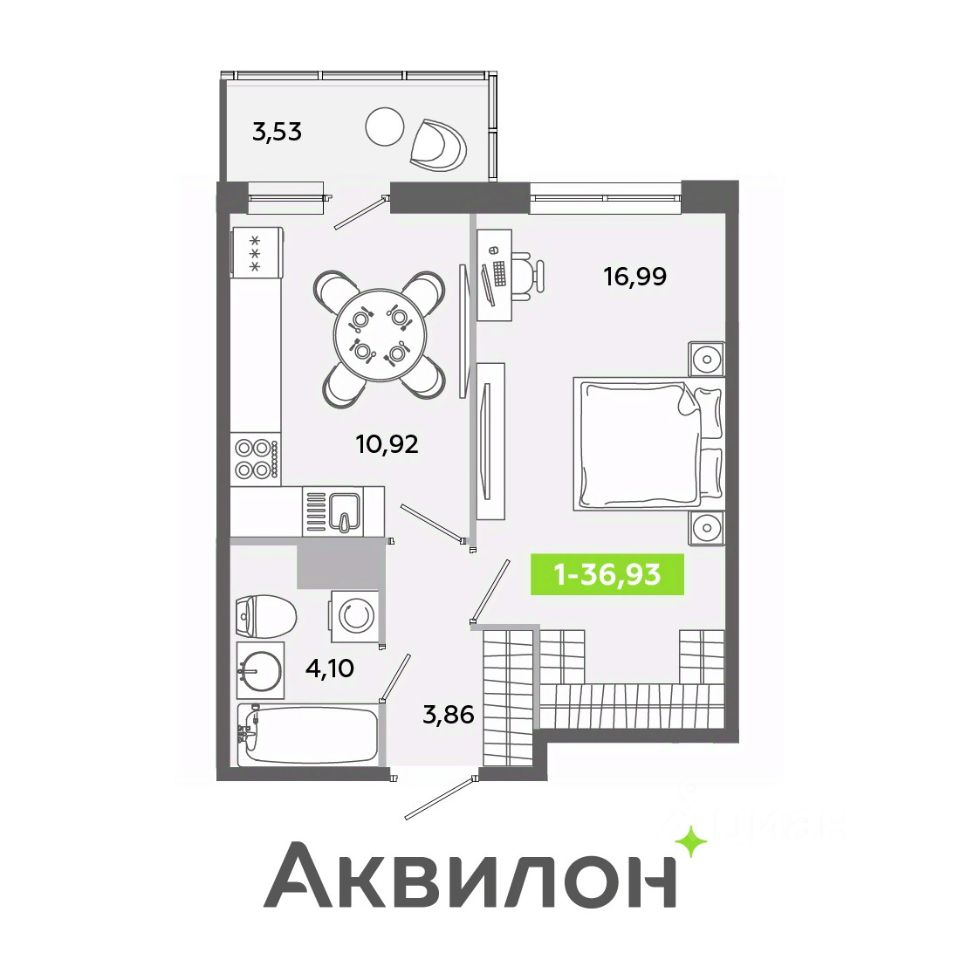 1-комнатная, 36.93 м² — ЖК ЖК «Аквилон ЯНИНО»