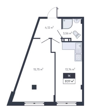 1-комнатная, 37.17 м² — ЖК ЖК «Ромашки»