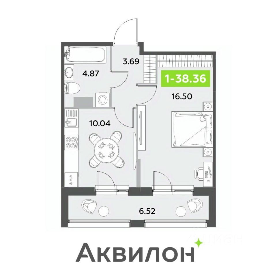 1-комнатная, 38.36 м² — ЖК ЖК «Аквилон Ливз (Аквилон Leaves)»