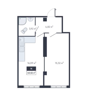1-комнатная, 40.52 м² — ЖК ЖК «Ромашки»